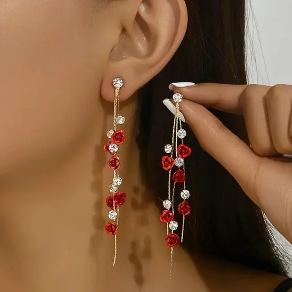 Romantic Gold Toned Rose and Diamond Stud Earrings - Picture 2 of 4